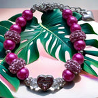 DOLON Dark Pink Glass Pearl Color Rhinestone Granddaugther Charm Bracelet Jewelry Wedding Bridal Birthday Christmas