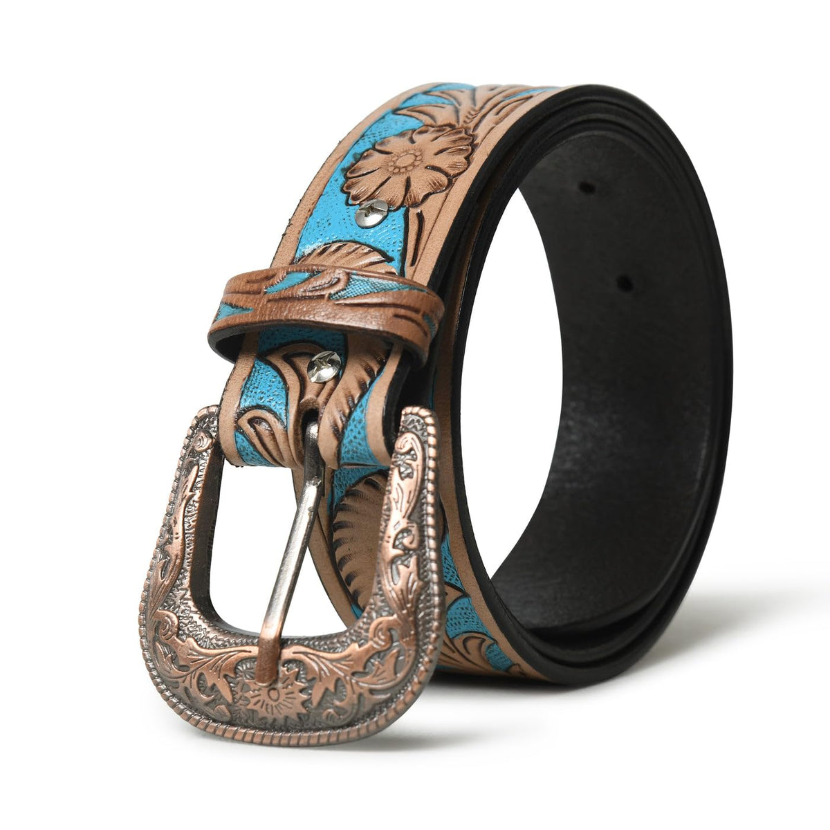 Mahetri Western Cowboy Leather Belt (Upto 44) For Men | Black & Brown & Blue | Engraved Heavy Metal Buckle | Carved Leather Str 30