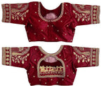 Pujia Mills Womens Golden Zari Embroidery Work with Heavy Maggam Work Half Sleeve Milan Silk Blouse(Ruby Maroon_38)