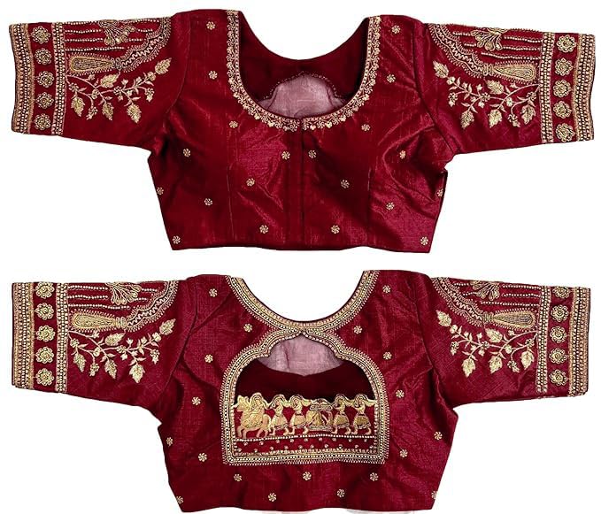 Pujia Mills Womens Golden Zari Embroidery Work with Heavy Maggam Work Half Sleeve Milan Silk Blouse(Ruby Maroon_38)