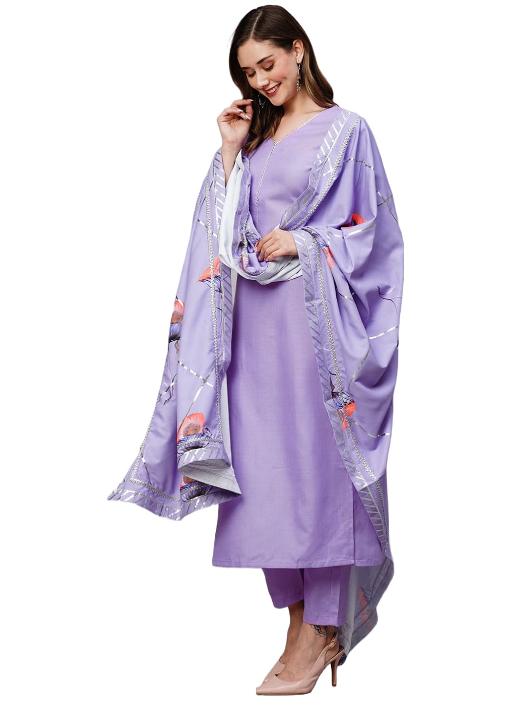 Gosriki Women'S Cotton Blend Straight Solid Kurta With Pant & Dupatta (Swagatam-Purple-Nw-Gs_S_Purple_Small)