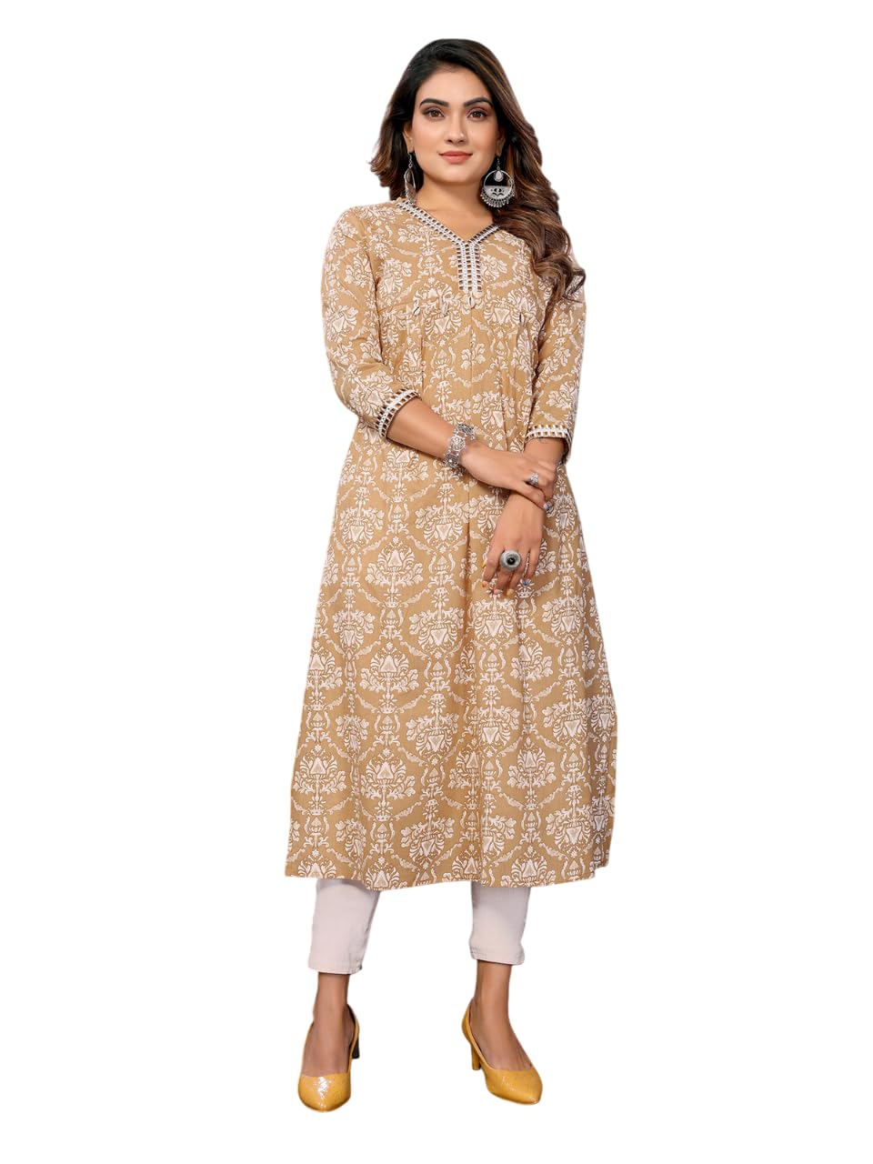Rangita Brown Cotton Calf Length Printed A-Line Kurti | Kurta For Women_Xl