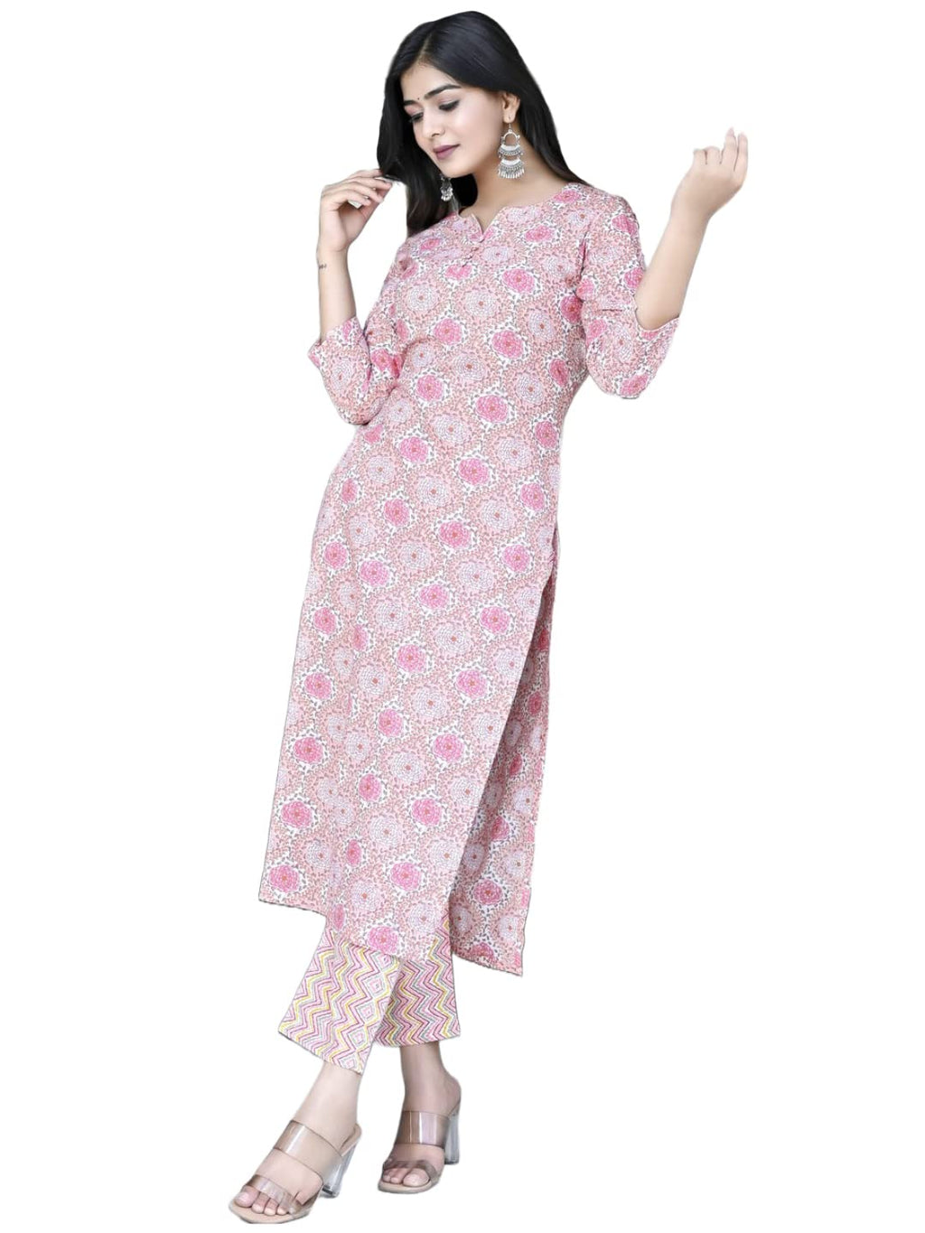 Gosriki Women'S Cotton Blend Printed Straight Kurta With Pant (Achu Pink-Cmd-Gs_M_Pink_Medium)