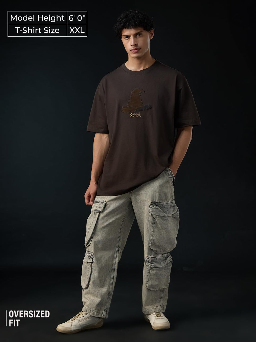 The Souled Store Harry Potter: Sorted Men and Boys Short Sleeves Round Neck Brown Embellished Cotton Oversized T-Shirts