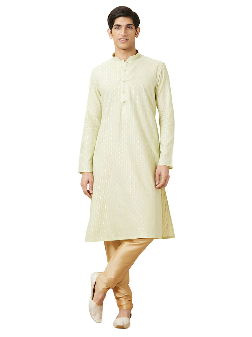 Manyavar Mens Cotton Printed Full Sleeves Knee Length Kurta Set (Green, XL)