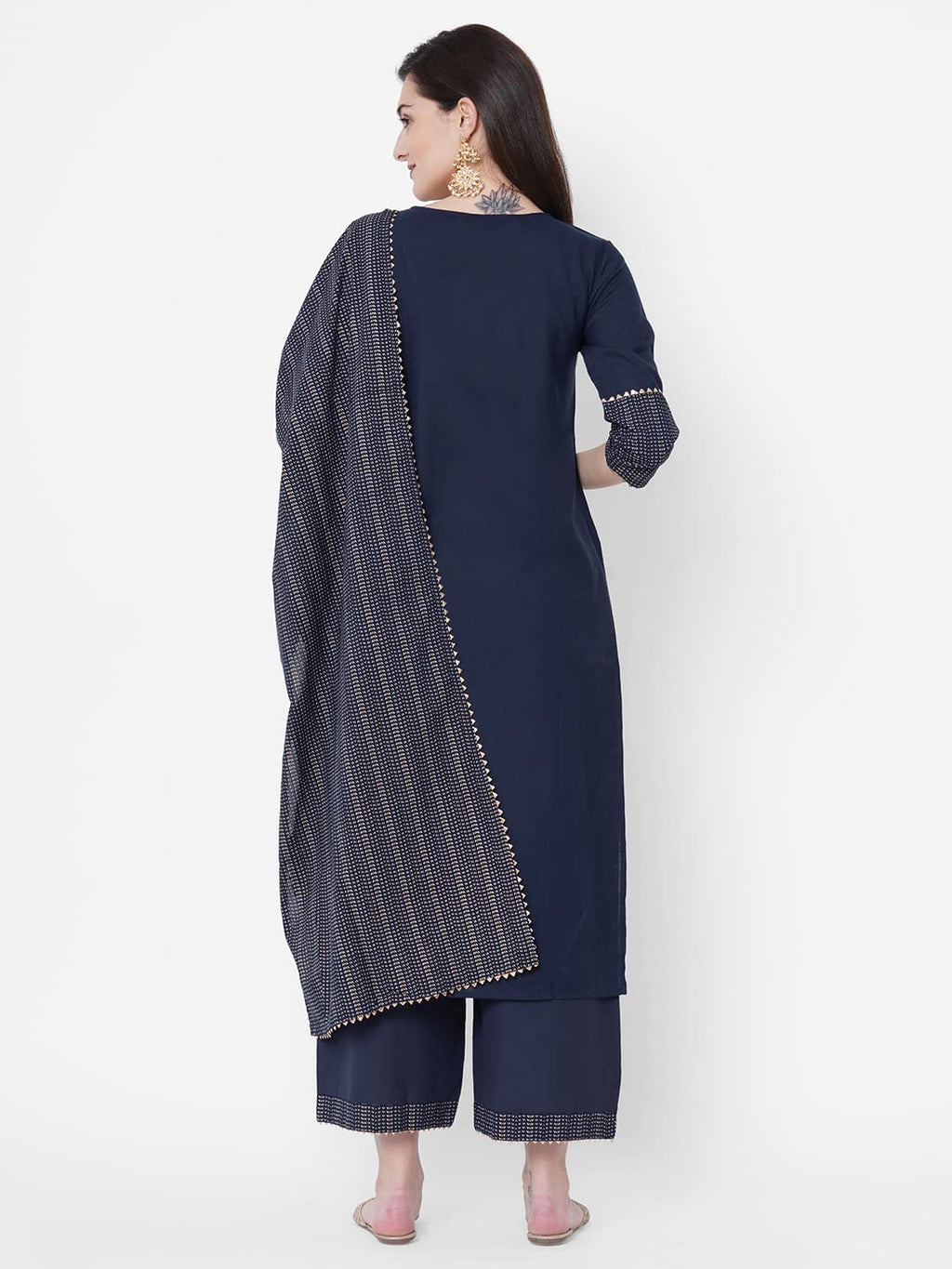 ANNI DESIGNER Womens Cotton Blend Straight Printed Kurta with Pant & Dupatta (Jam001-Dark Blue_S_Dark Blue_Small)