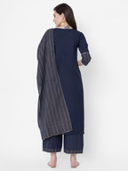 ANNI DESIGNER Womens Cotton Blend Straight Printed Kurta with Pant & Dupatta (Jam001-Dark Blue_S_Dark Blue_Small)