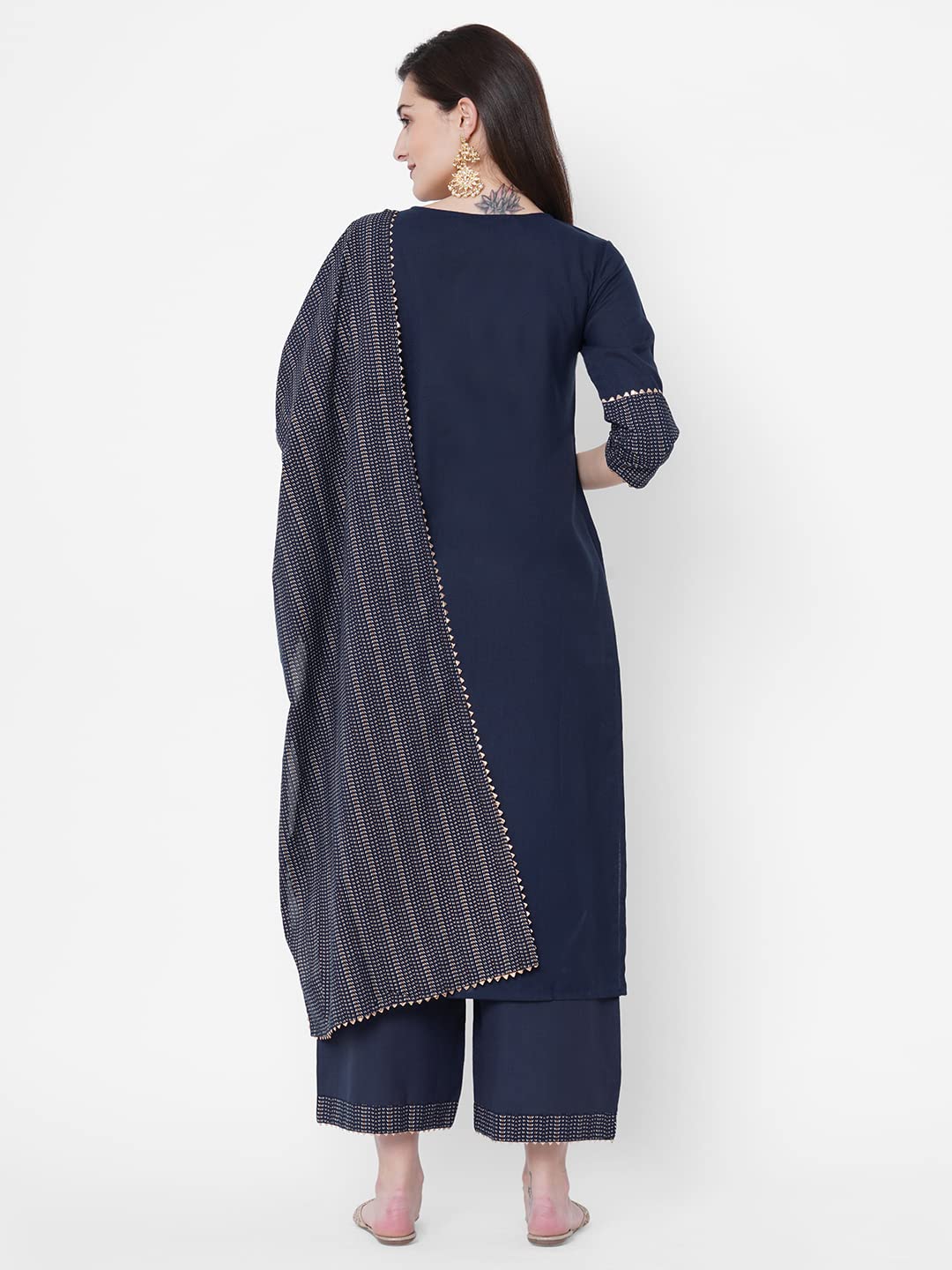 ANNI DESIGNER Womens Cotton Blend Straight Printed Kurta with Pant & Dupatta (Jam001-Dark Blue_S_Dark Blue_Small)