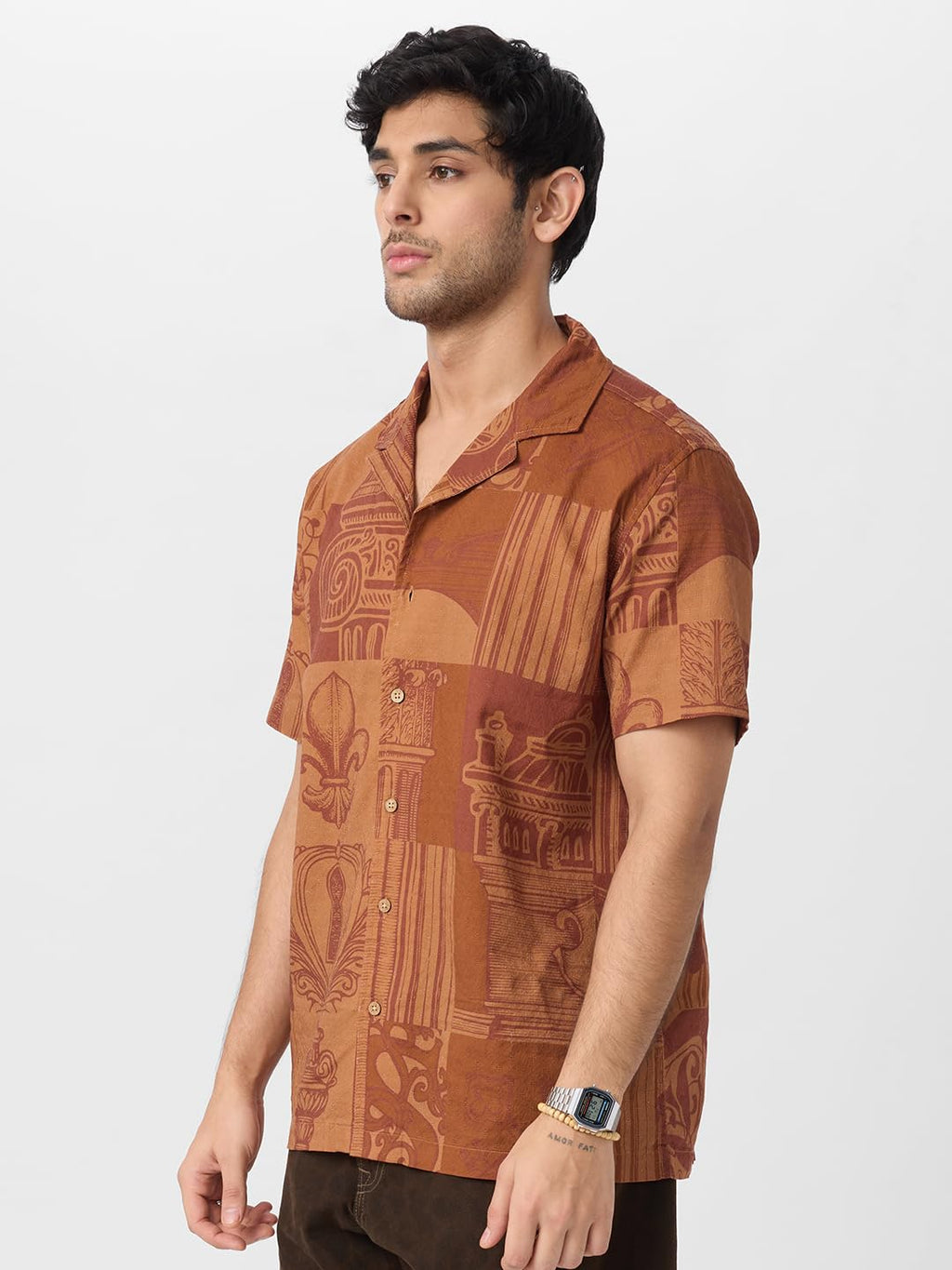 The Souled Store Textured Shirt: Mirage Men and Boys Short Sleeves Collared Neck Button Front Oversized Fit Cotton Textured Shir