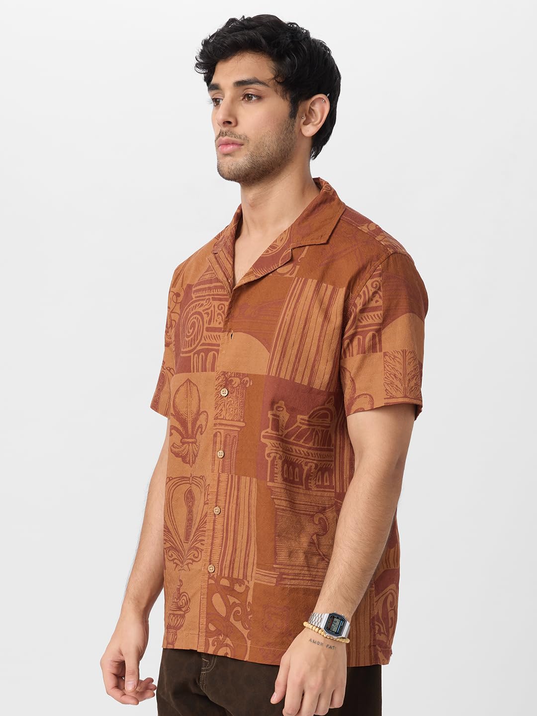 The Souled Store Textured Shirt: Mirage Men and Boys Short Sleeves Collared Neck Button Front Oversized Fit Cotton Textured Shir