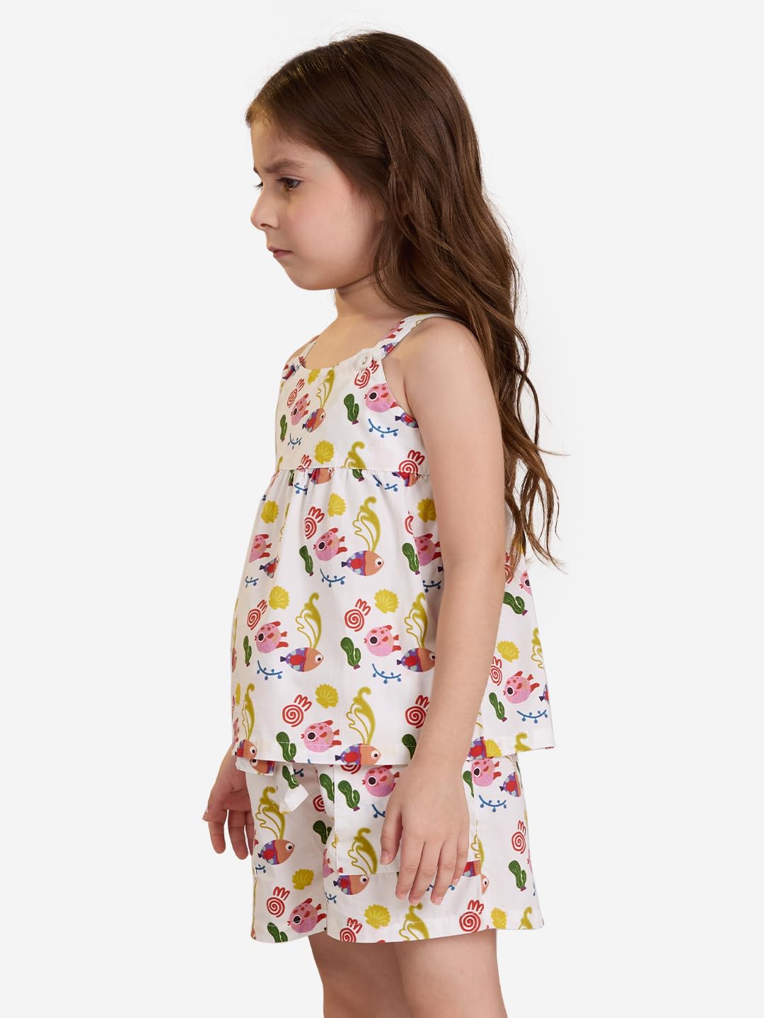 The Souled Store Little Fishy Girls Buttoned White All Over Printed Above The Knee Cotton Shorts