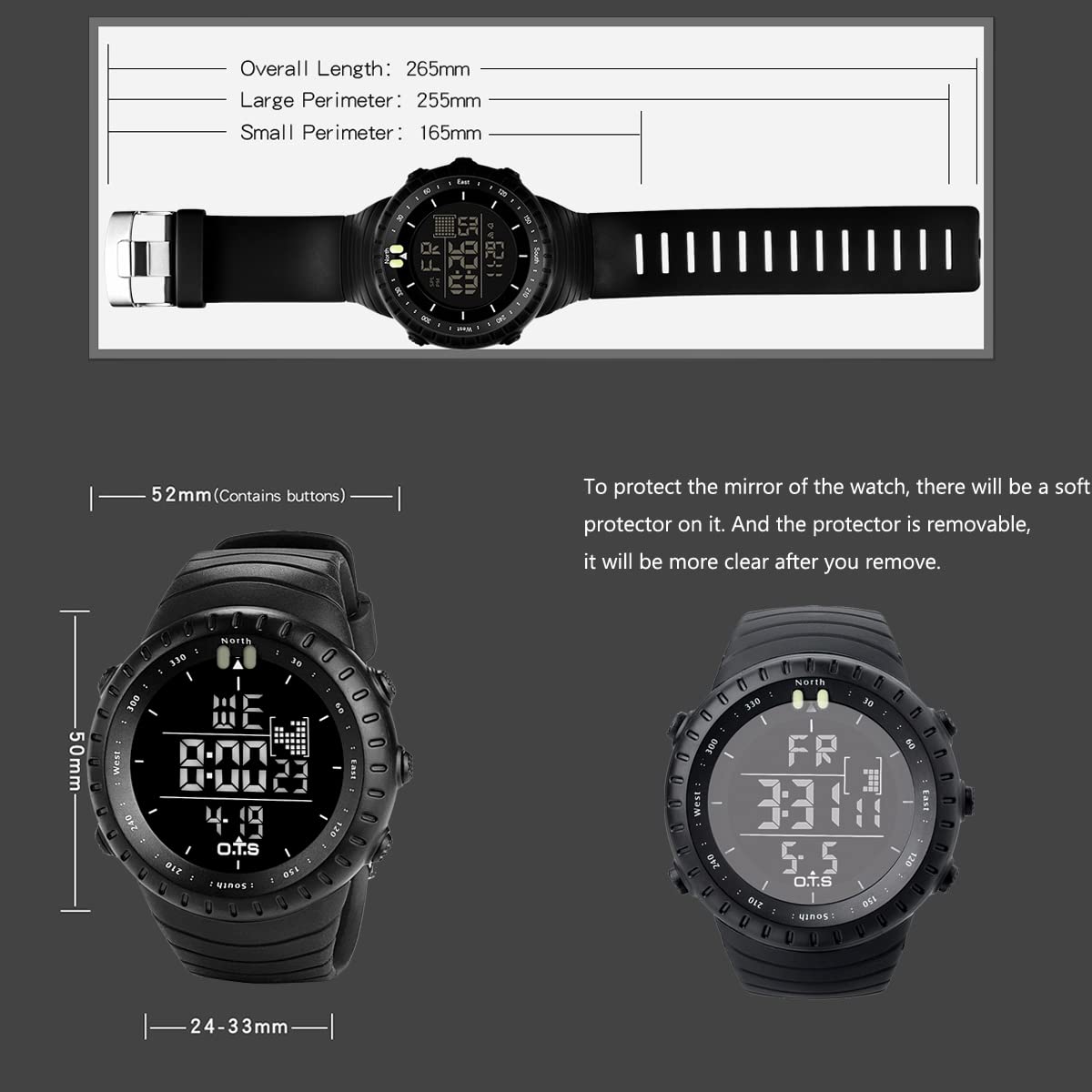 PALADA Men's Digital Sports Watch Waterproof Tactical Watch with LED Backlight Watch for Men (Black)