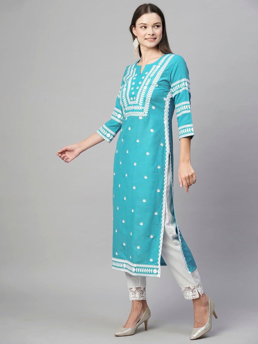 ANNI DESIGNER Womens Cotton Blend Chikankari Embroidered Straight Kurta (STHO-Sky Blue-NW_XL_Sky Blue_X-Large)