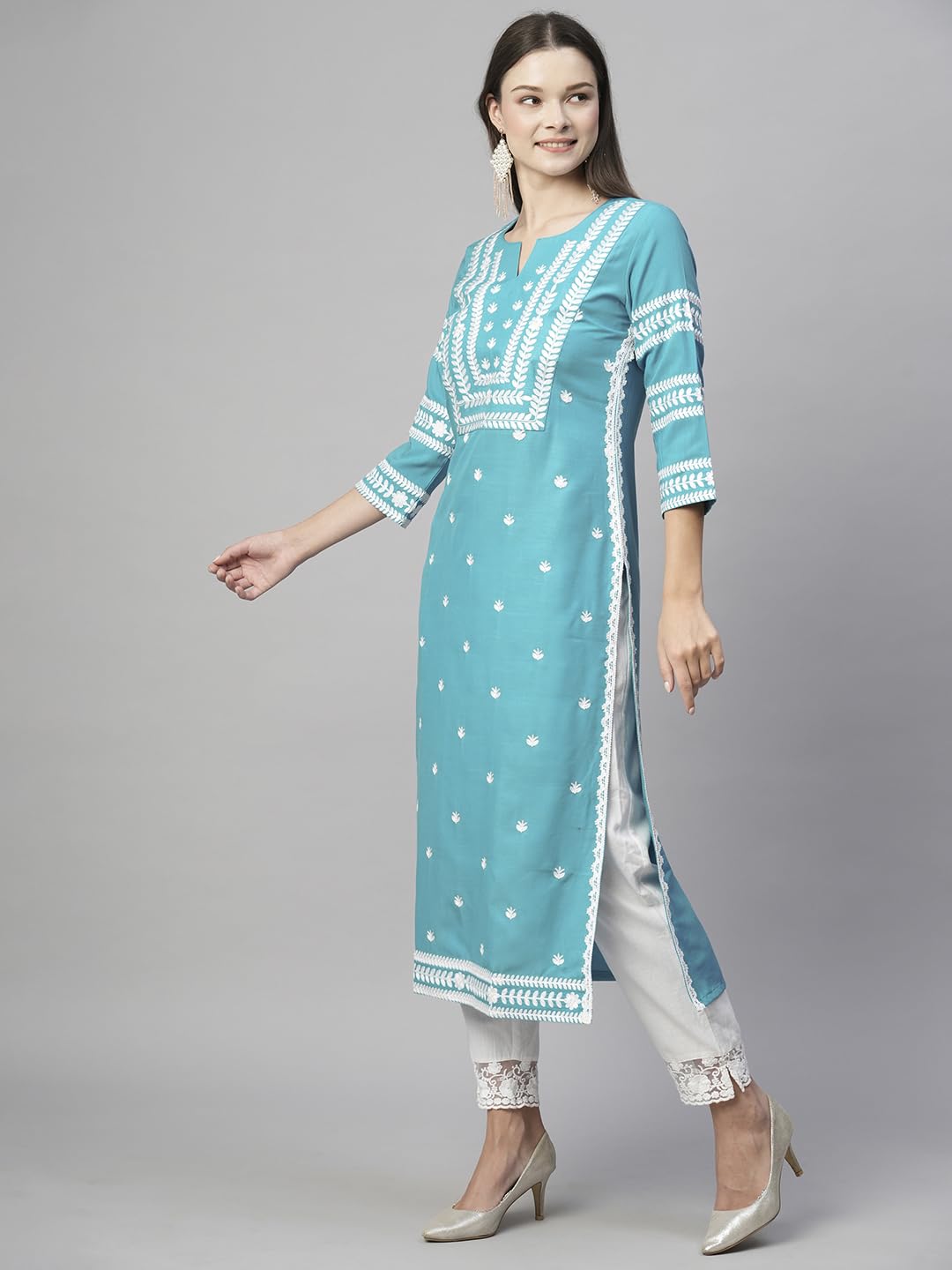 ANNI DESIGNER Womens Cotton Blend Chikankari Embroidered Straight Kurta (STHO-Sky Blue-NW_XL_Sky Blue_X-Large)