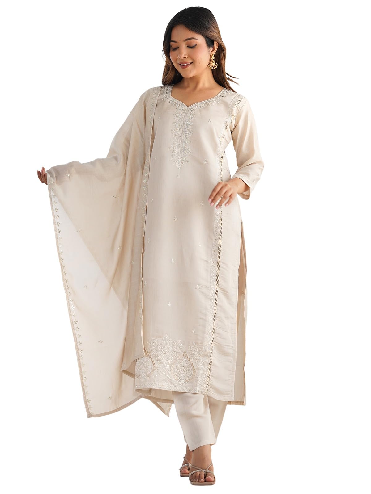 Sanisa Women'S Silk Sequins And Embroidery Straight Kurta With Pant And Dupatta Set (235Kbd2484N-Xl_Beige)