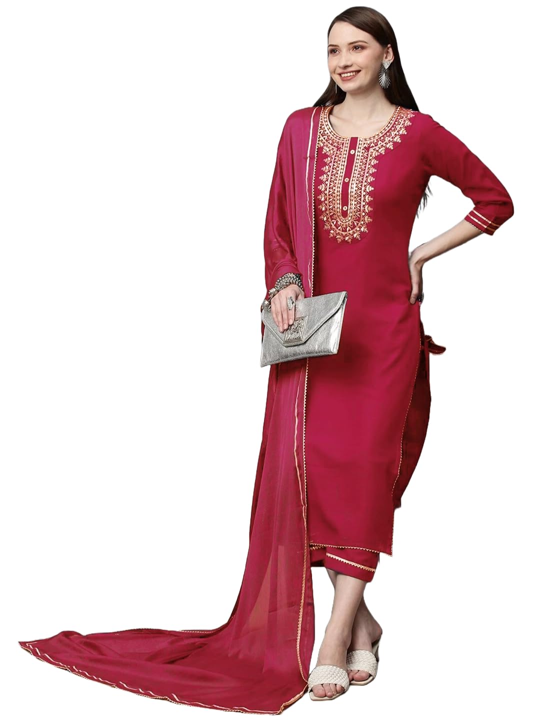 ANNI DESIGNER Womens Cotton Blend Straight Embroidered Kurta with Pant & Dupatta (Dhati Pink-BFV_XL_Pink_X-Large)