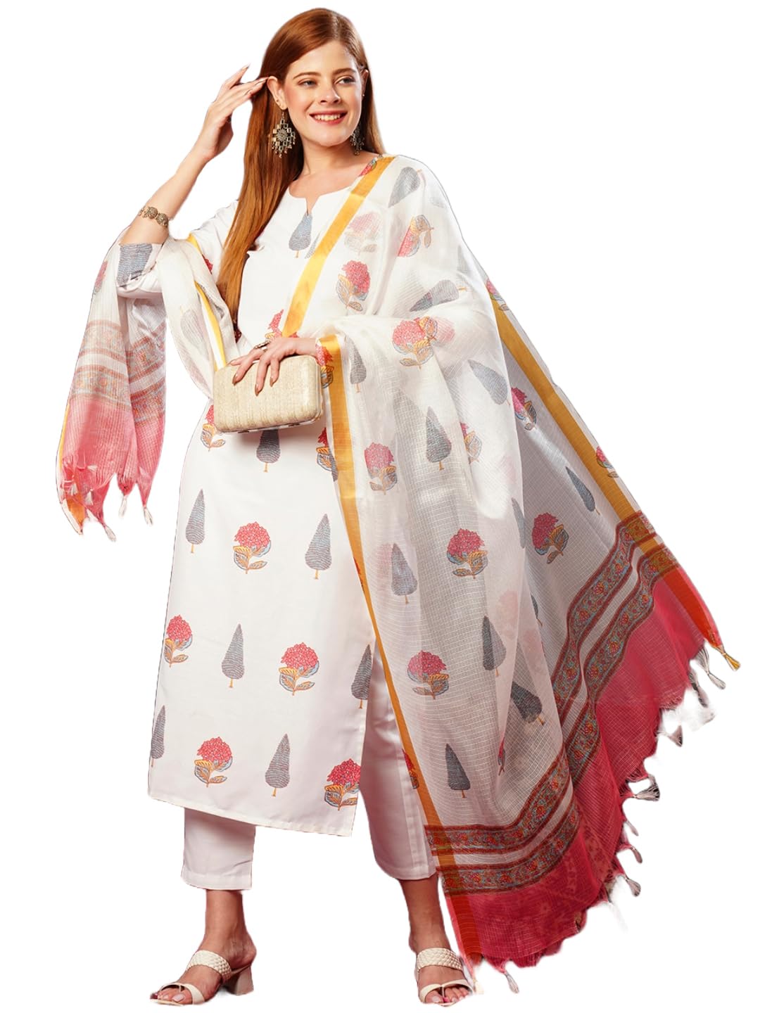 ANNI DESIGNER Womens Cotton Blend Straight Printed Kurta with Pant & Dupatta (Nairiti White-JL_L_White_Large)