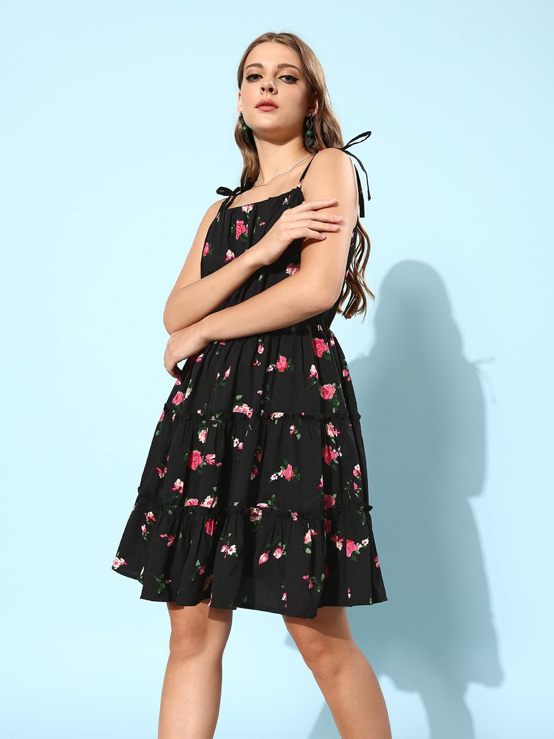 Rare Women Casual Black Colour Above Knee Floral Dress