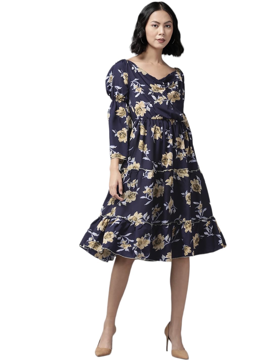 Aarika Womens Cotton Blend Skater Knee-Length Dress (SP-MD-W-2728_Navy Blue