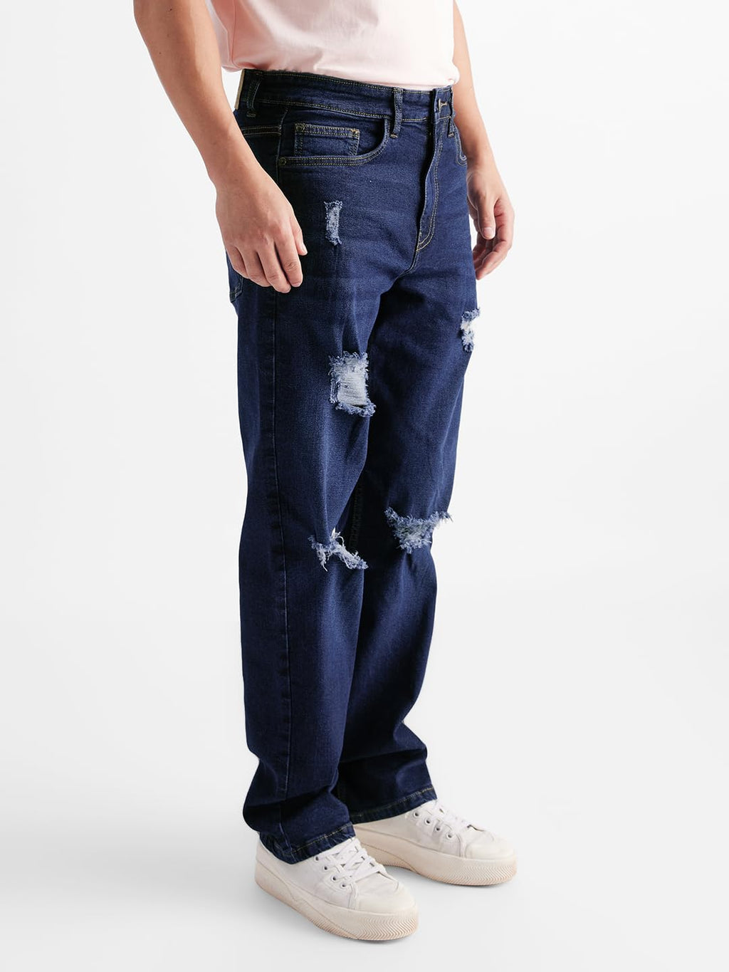 The Souled Store Men Solids: Distressed Blue Baggy Fit Jeans