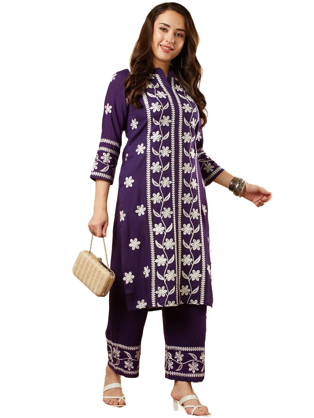 ANNI DESIGNER Womens Cotton Blend Straight Chikankari Embroidered Kurta with Palazzo Set (LKO Purple-NW_XL_Purple_X-Large)