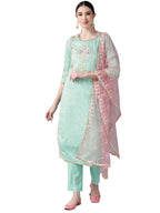 Ishin Women'S Chanderi Silk Embroidered A-Line Kurta Suit Set With Dupatta & Pants Kpldpnk-20040_Xl_Sea Green