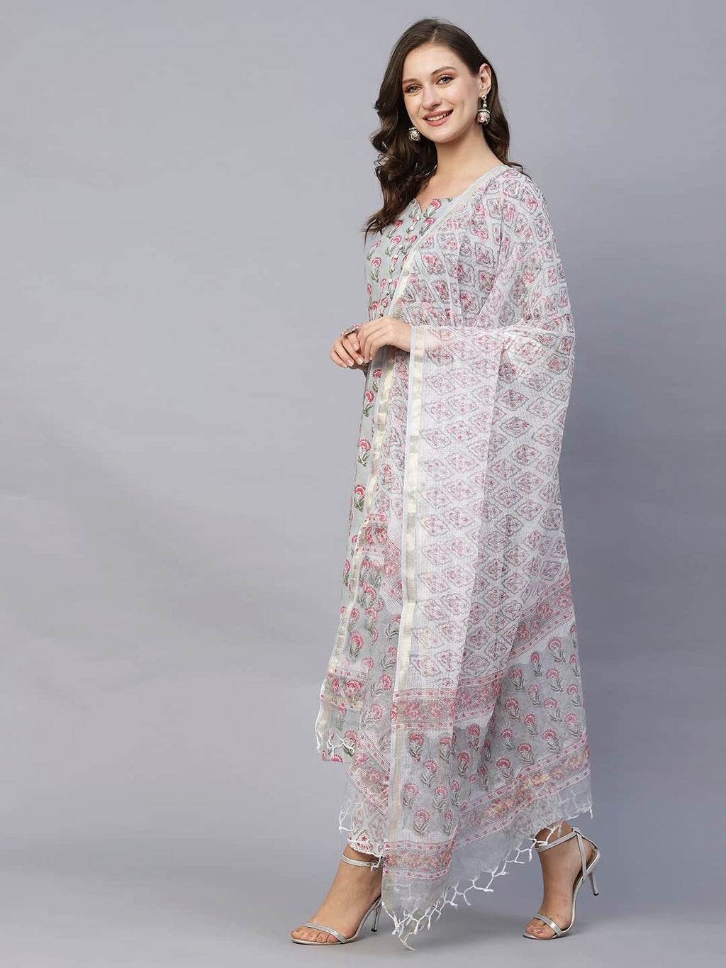 Anni Designer Women'S Cotton Blend Straight Printed Kurta With Pant & Dupatta (Lord Grey)