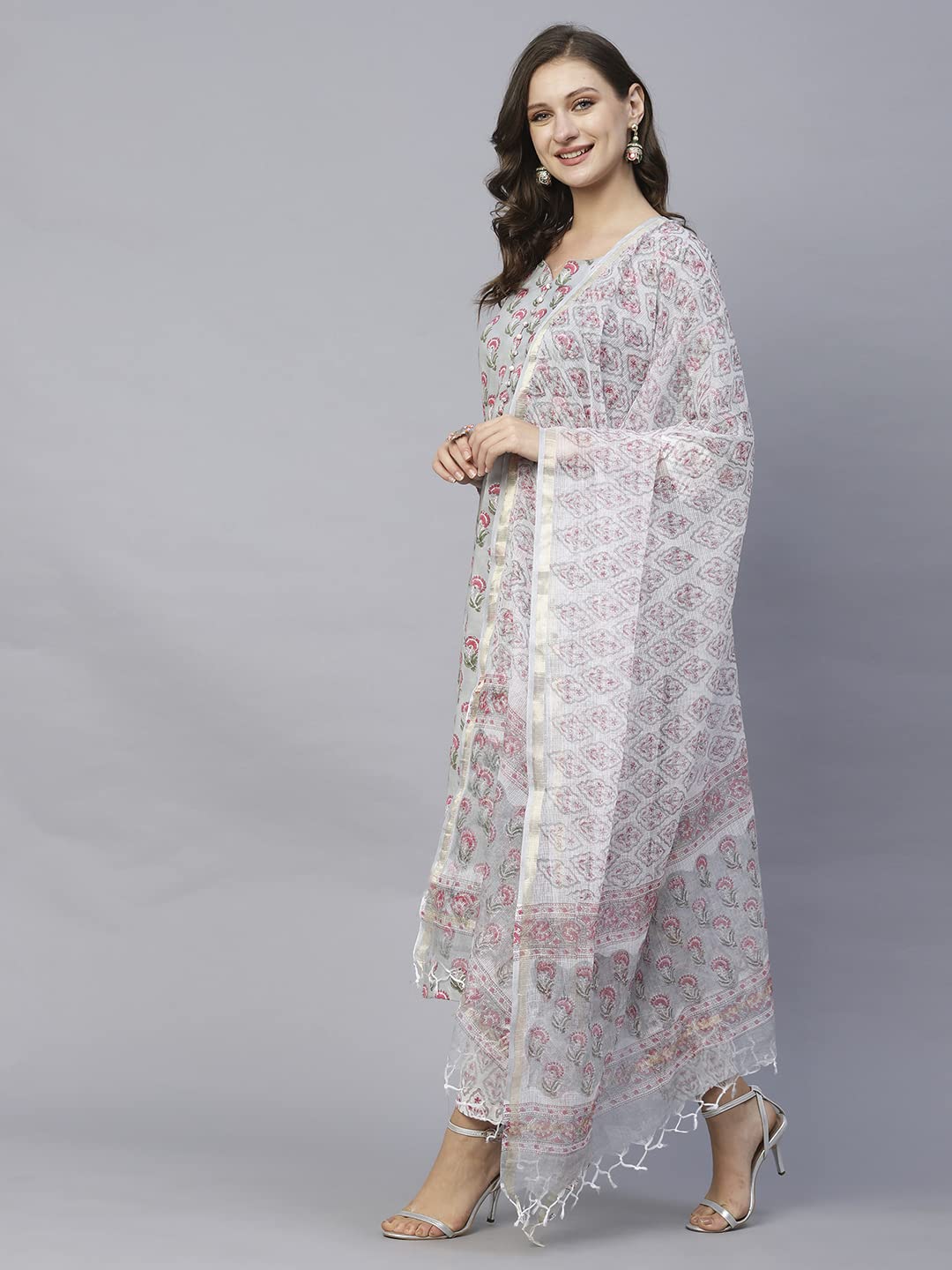 ANNI DESIGNER Womens Cotton Blend Straight Printed Kurta with Pant & Dupatta (Lord Grey-SNW_XL_Grey_X-Large)