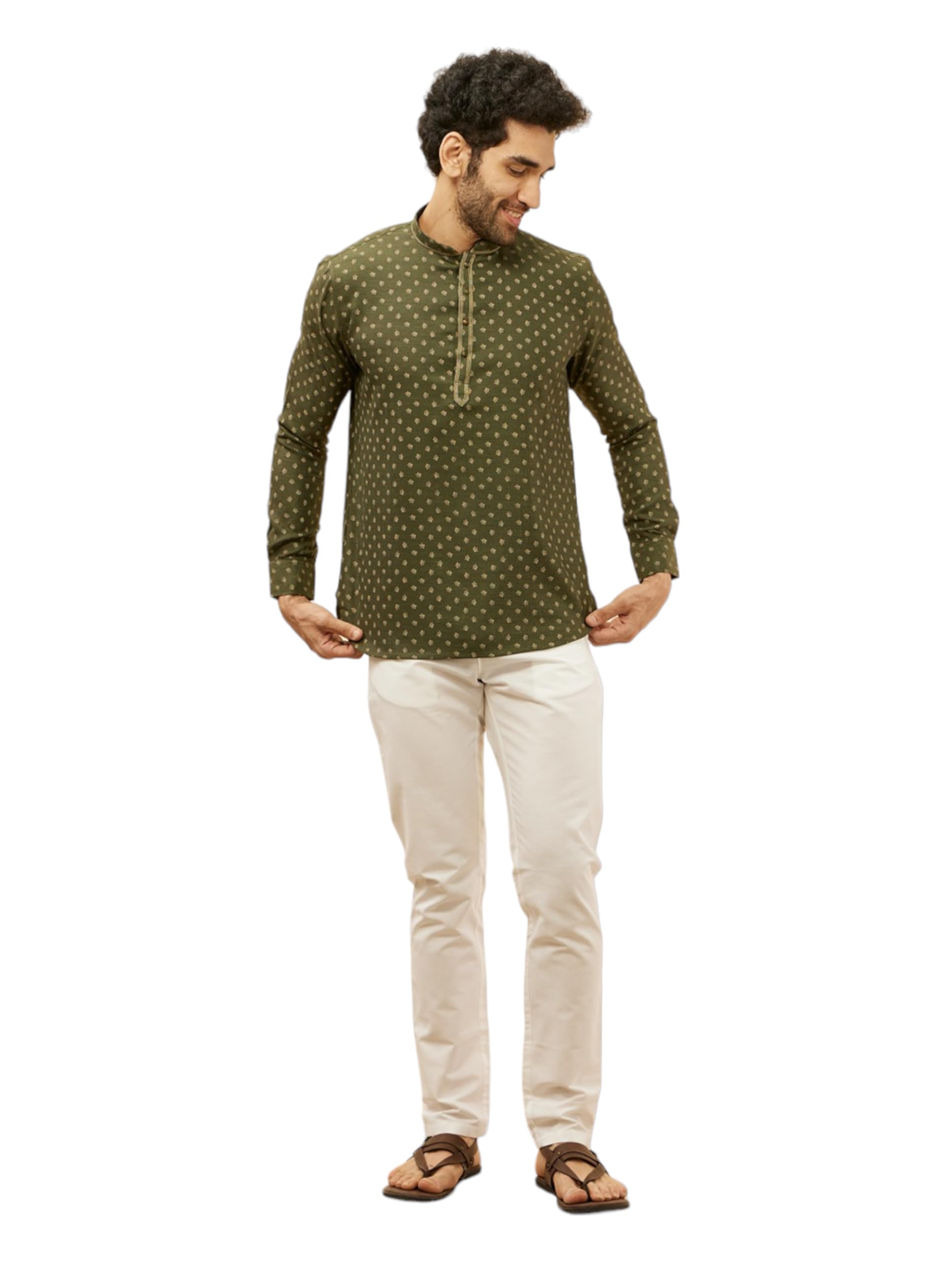Manyavar Mens Green Blended Viscose Printed Short Kurtas
