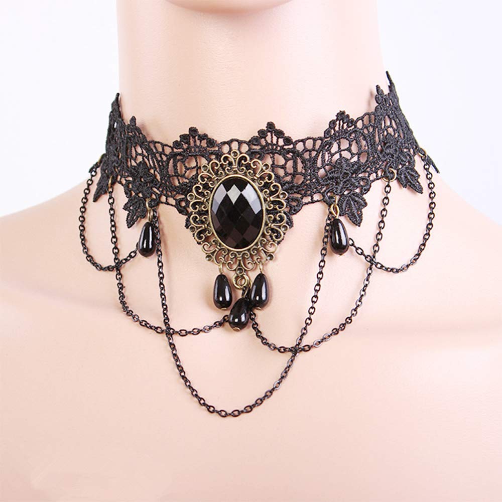 Dumcondy Halloween Elegant Sexy Women Girl Retro Gothic Punk Style Necklace Black Lace Neck Chain Collar Statement Choker Victor