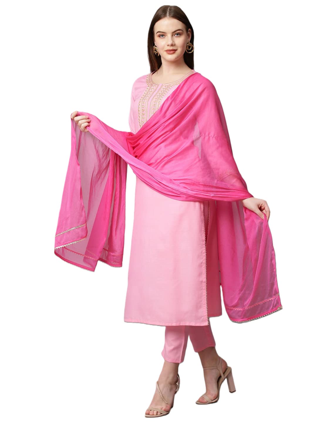 Gosriki Women'S Cotton Blend Solid Straight Kurta With Pant & With Dupatta (Aard_Baby Pink_Xxl-Gs_Baby Pink_Xx-Large)
