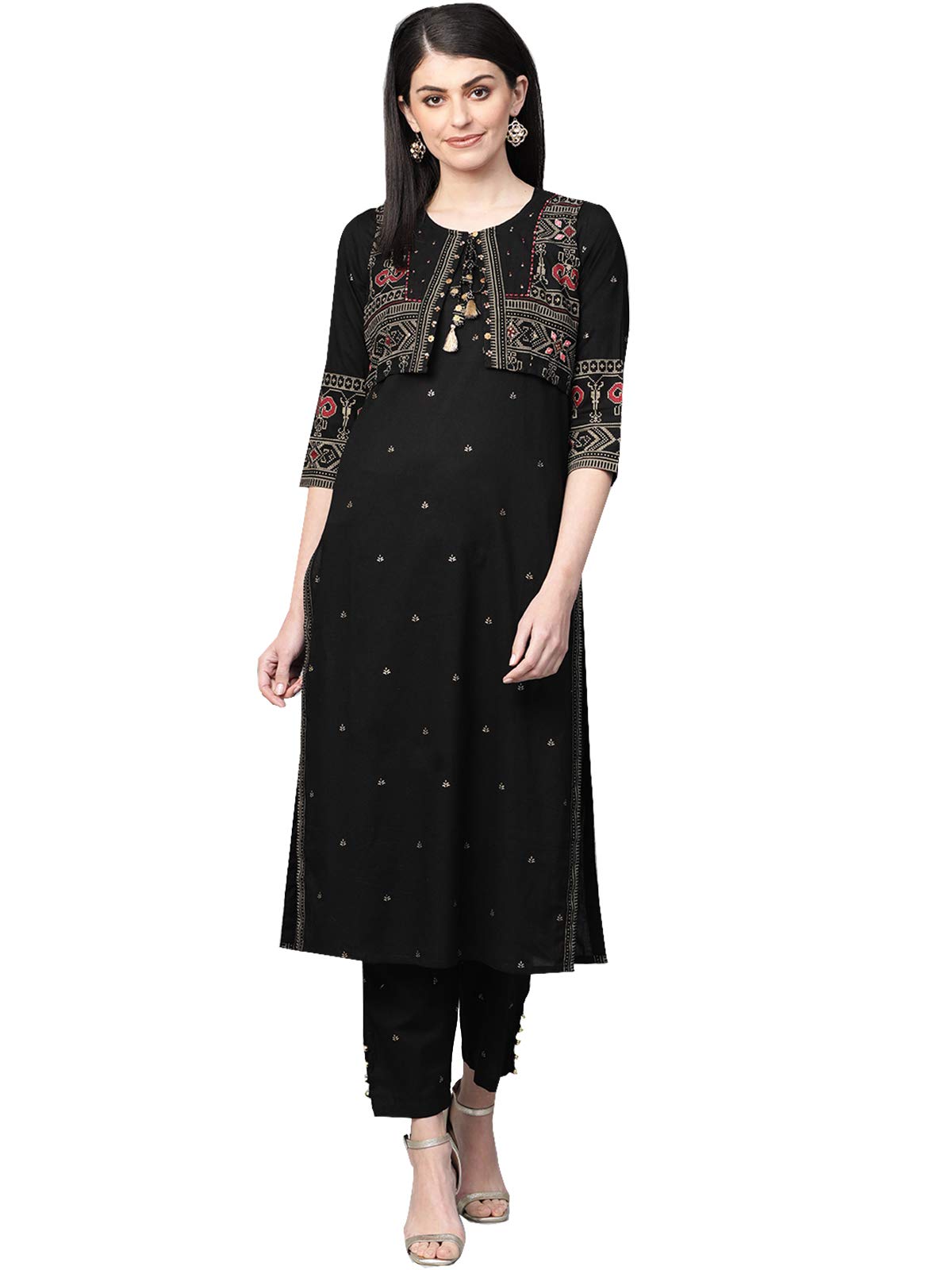 Ishin Women'S Cotton Black Embellished A-Line Kurta Set With Trouser And Jacket