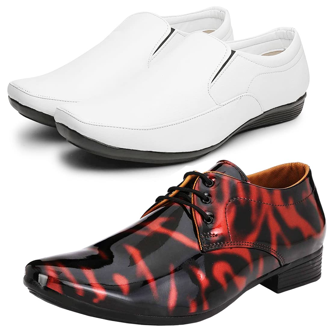 Fashionable Trendy Formal Shoes/Party Shoes/ 2 Shoes Combo with Free Belt for Men and Boys (BAZAAR7815_VTR01BlkRed2007Bdr) M 10