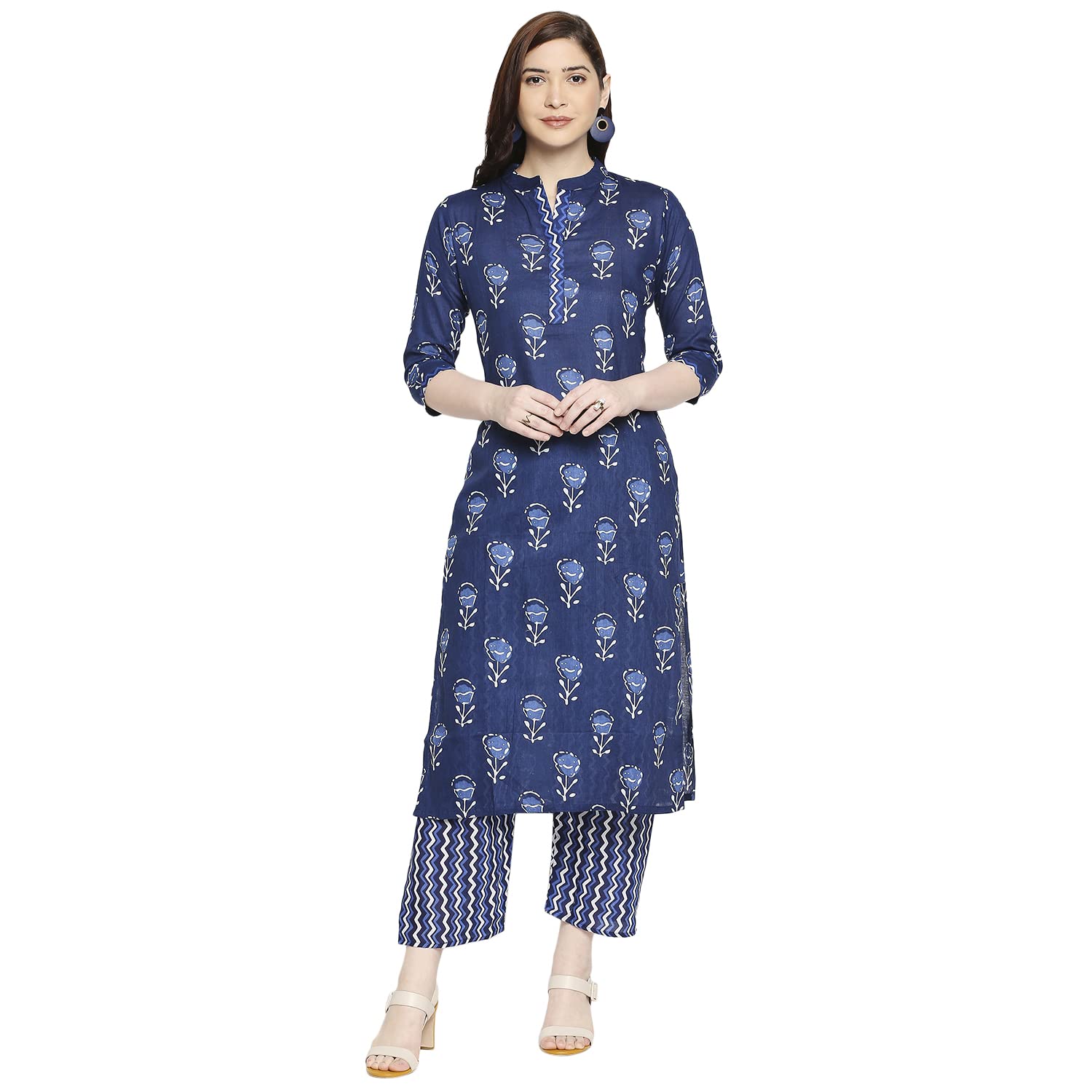 ANNI DESIGNER Women's Cotton Straight Kurta with Pant (Blue Flower_GSK_L_Blue_Large)