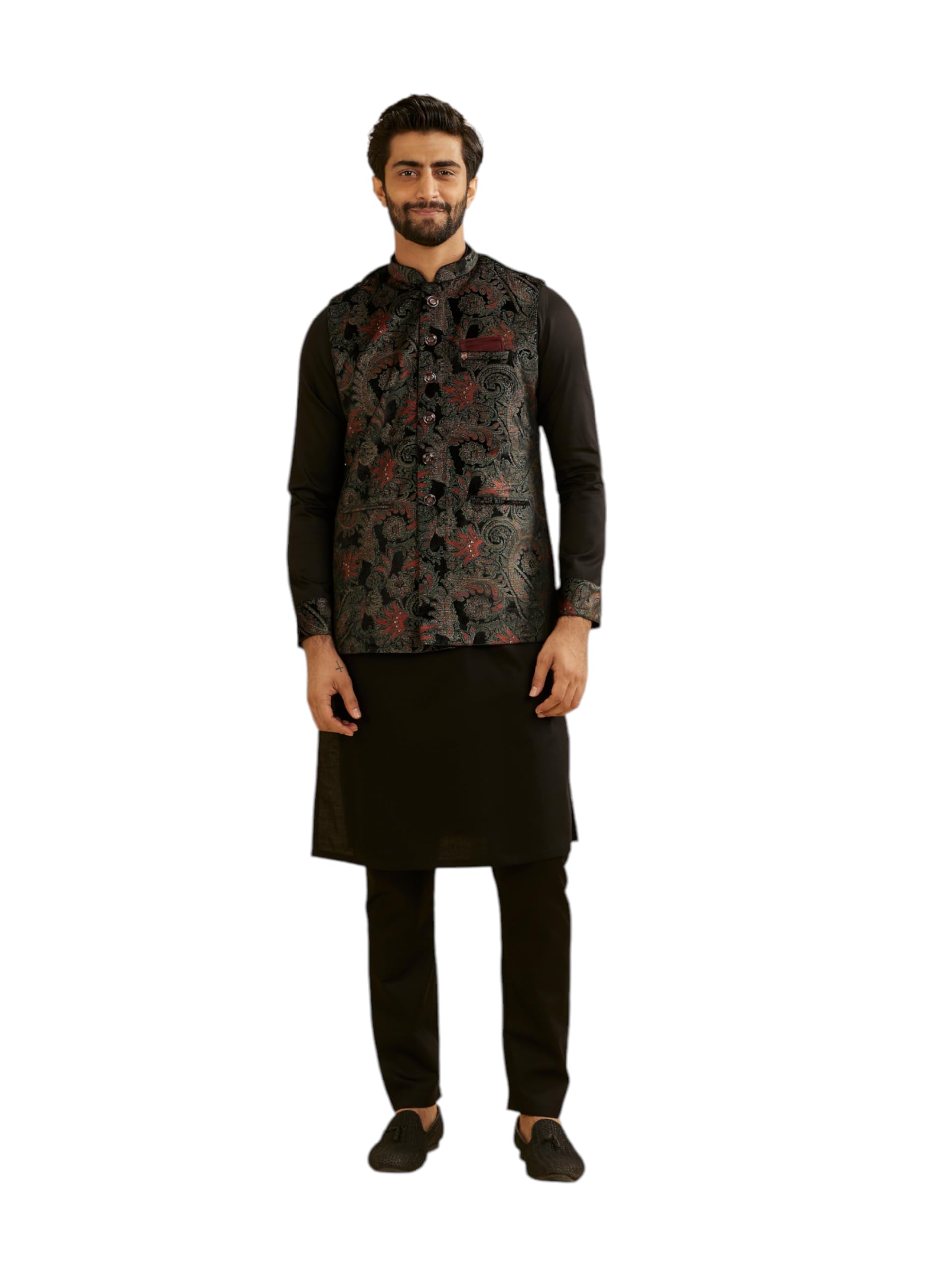 Manyavar MenS Velvet Printed Kurta Jacket Pyjama Set (Black,Xxl)