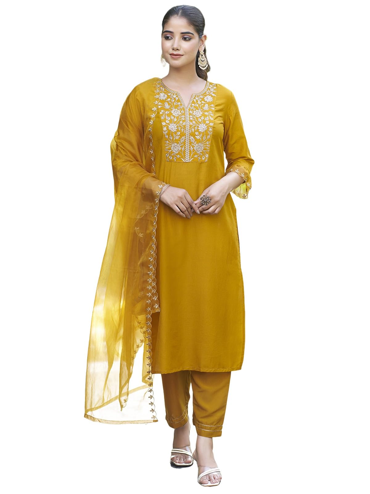 Sanisa Womens Chinnon Silk & Organza Sequence and Embroidery Work Straight Kurta with Pant and Dupatta Set (38KBD480NB-L_Yellow