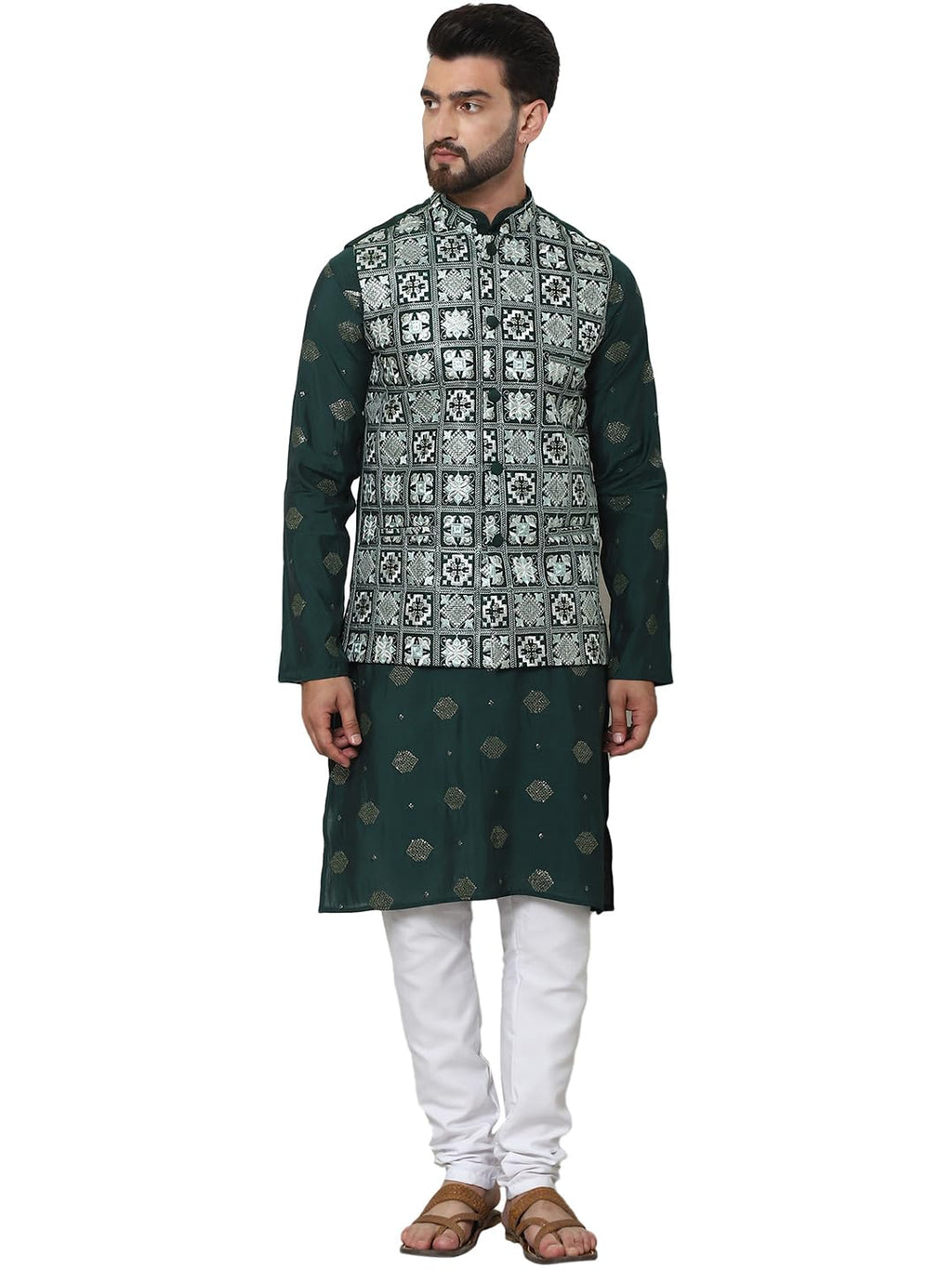 SOJANYA (Since 1958 Mens Cotton Silk Embroidered Green Kurta and White Pyjama With Green Nehru Jacket