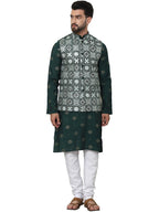 SOJANYA (Since 1958 Mens Cotton Silk Embroidered Green Kurta and White Pyjama With Green Nehru Jacket