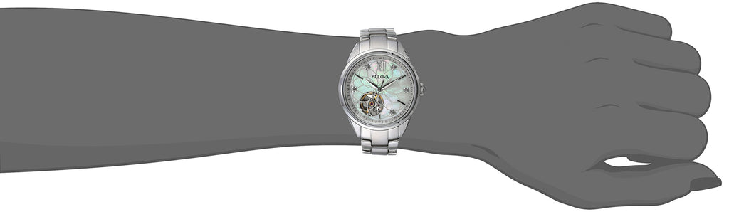 Bulova Ladies' Sutton Stainless Steel 3-Hand Automatic, Open Aperture and White Mother-of-Pearl Dial with Diamonds Style: 96P181