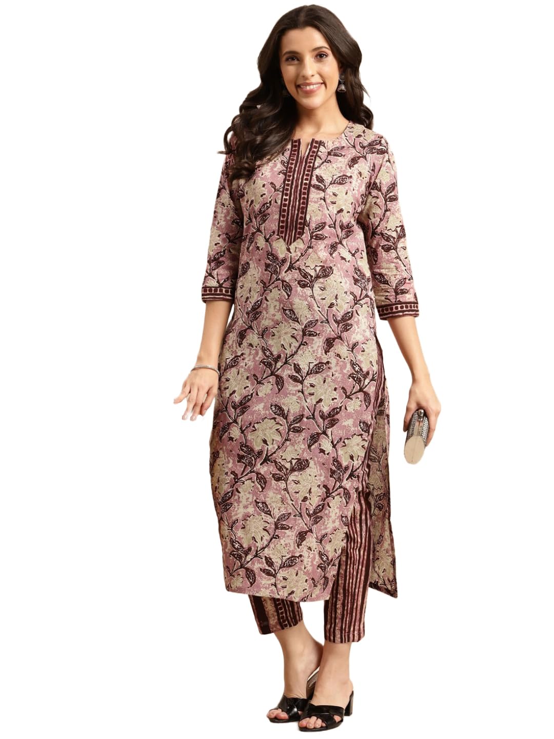 ANNI DESIGNER Womens Cotton Blend Traditional Straight Printed Kurta and Pant Set (PRACHI Wine_S_Wine_Small)