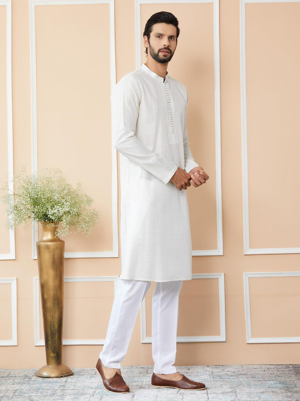 See Designs Mens Long Sleeve Mandarin Collar Side Slit Off White Embroidered Thread Work Sequinned Chanderi Silk Straight Kurta