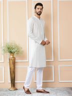 See Designs Mens Long Sleeve Mandarin Collar Side Slit Off White Embroidered Thread Work Sequinned Chanderi Silk Straight Kurta