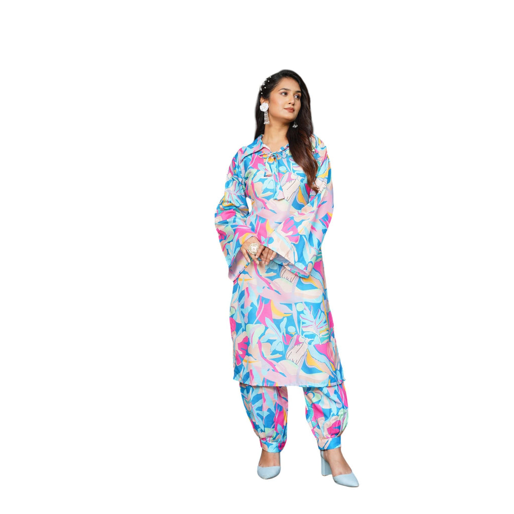 Gufrina Elegant Women'S Floral Printed Kurta Pant Set | V-Neck, 3/4 Sleeve Cotton Ensemble (Sky Blue Xl)