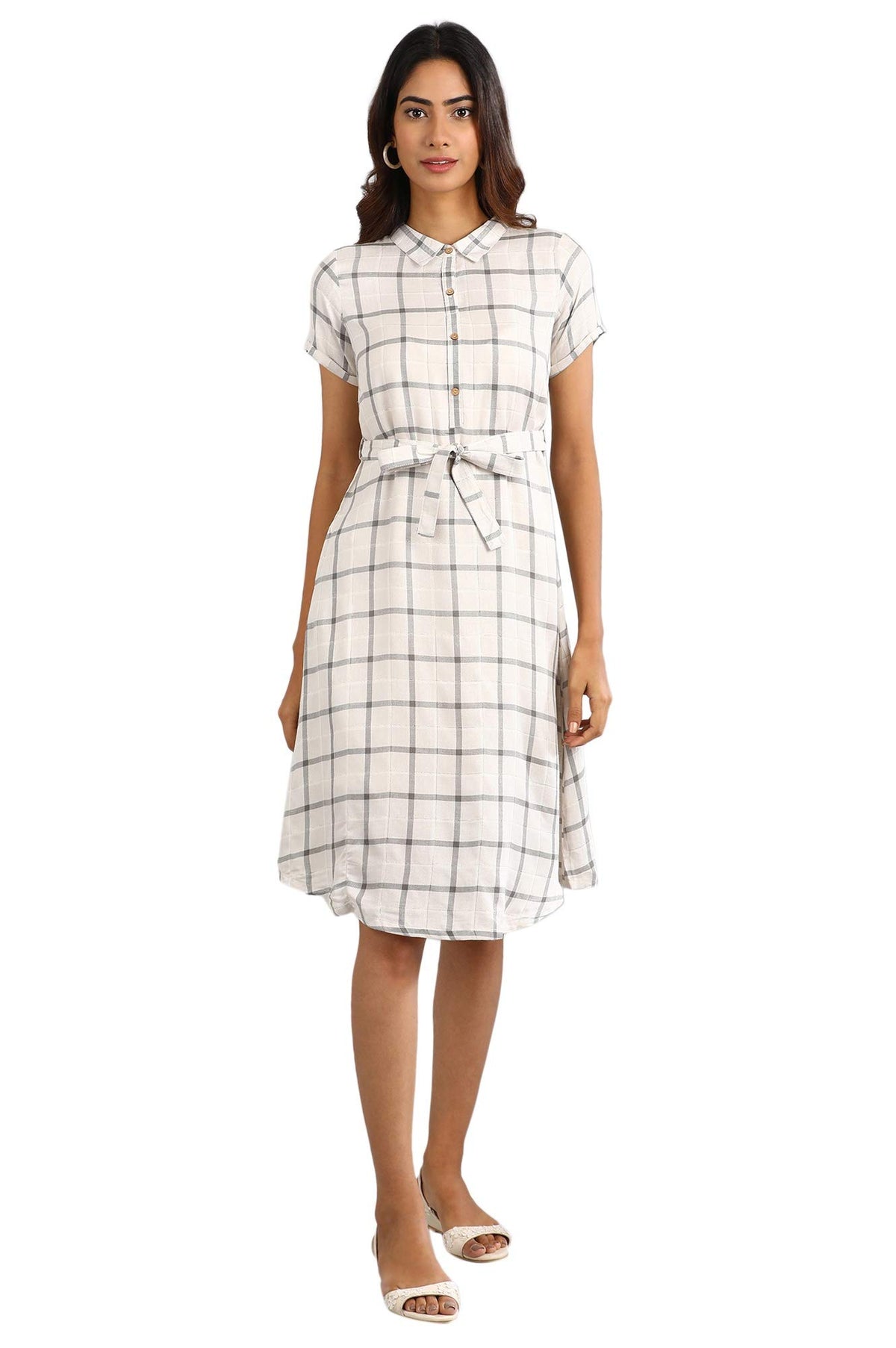Aurelia Rayon Off-White Collar Neck Check Dress (20Aua11536-701463_Grey_S)