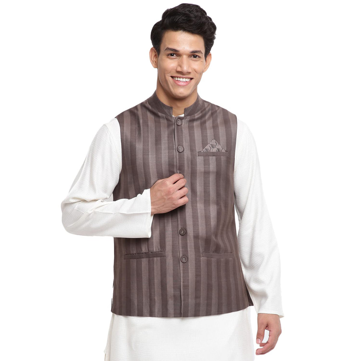 Fabindia Men Viscose Blend Striped Nehru Jacket Grey_S
