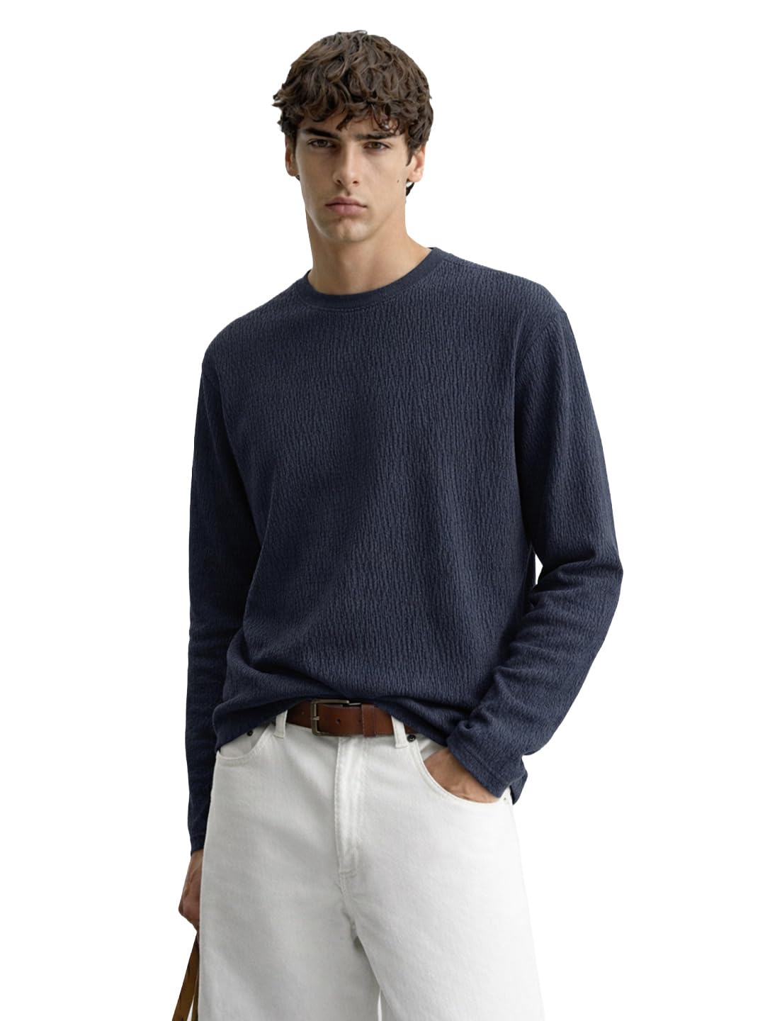 The Indian Garage Co Mens Relaxed Fit Long Sleeves Textured Crew Neck Sweater