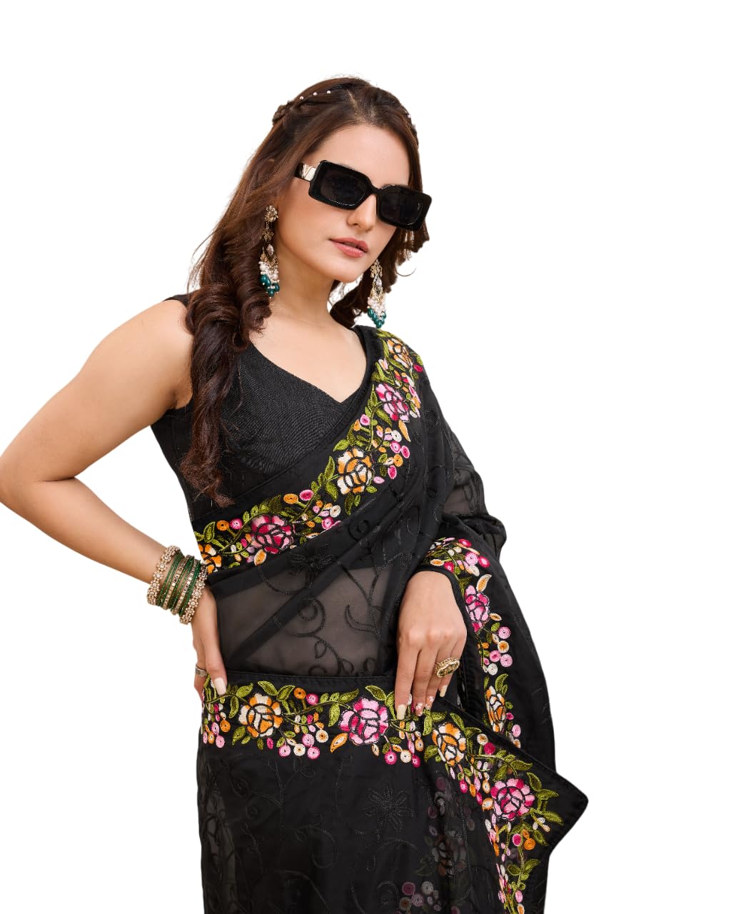 Ekasya Women Soft Organza Black Embroidery Saree (E6200_3)