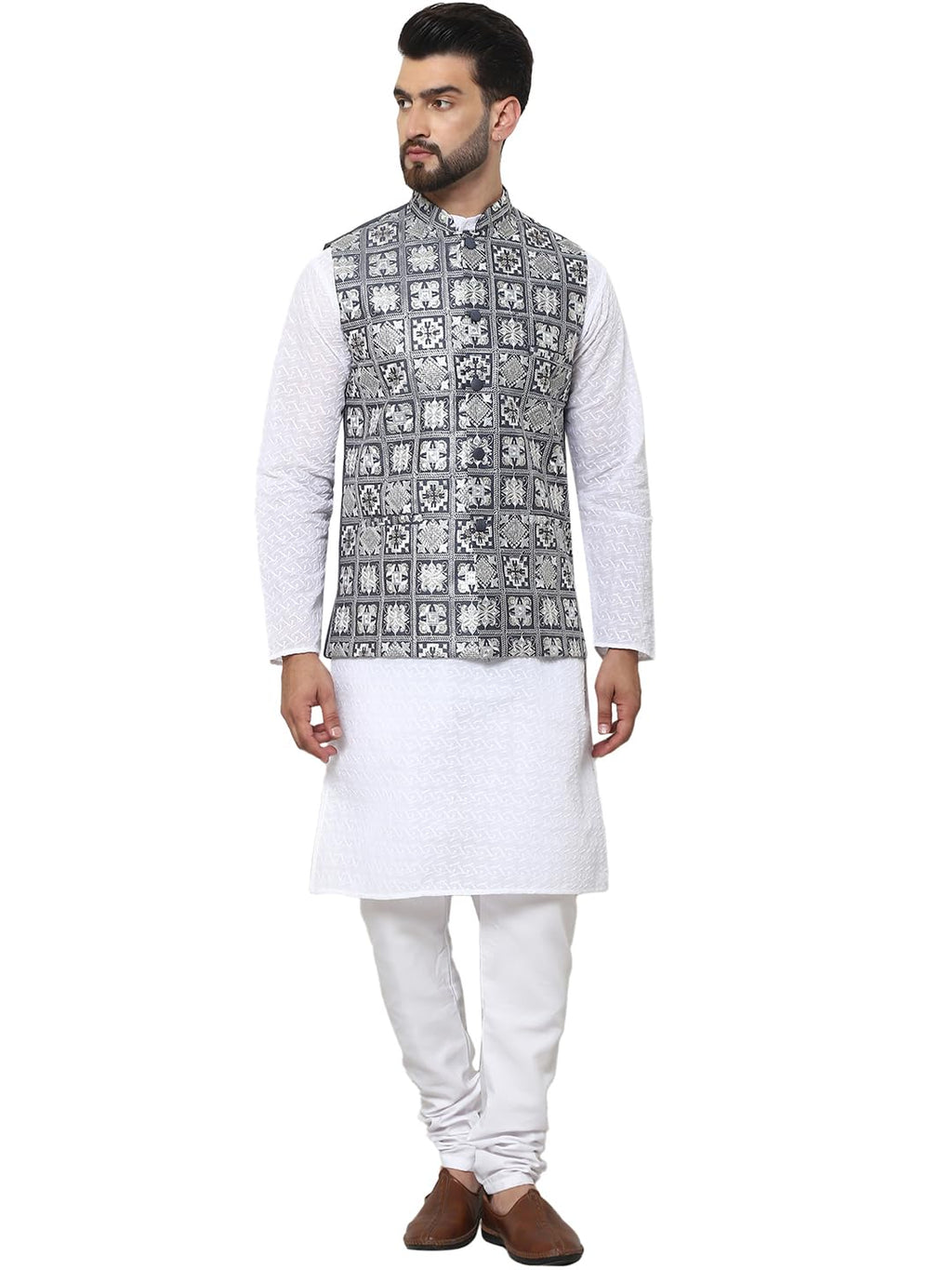 SOJANYA (Since 1958 Mens Cotton Chikankari White Kurta and Pyjama with Embroidered Grey Nehru Jacket