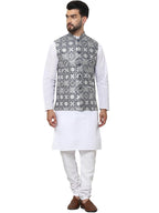 SOJANYA (Since 1958 Mens Cotton Chikankari White Kurta and Pyjama with Embroidered Grey Nehru Jacket