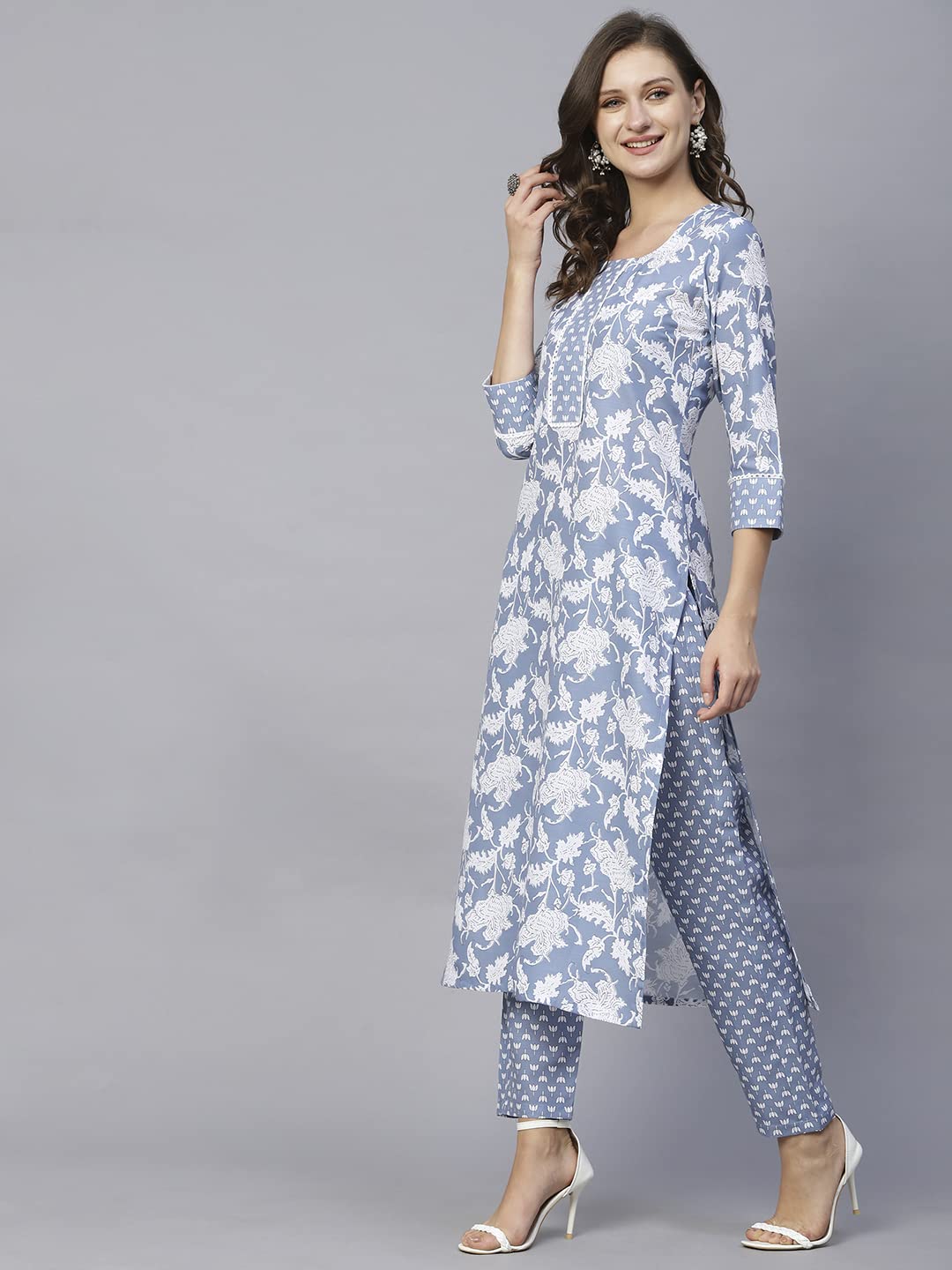 ANNI DESIGNER Womens Cotton Blend Printed Straight Kurta with Pant (Pustak Navy Blue-Nw_S_Navy Blue_Small)